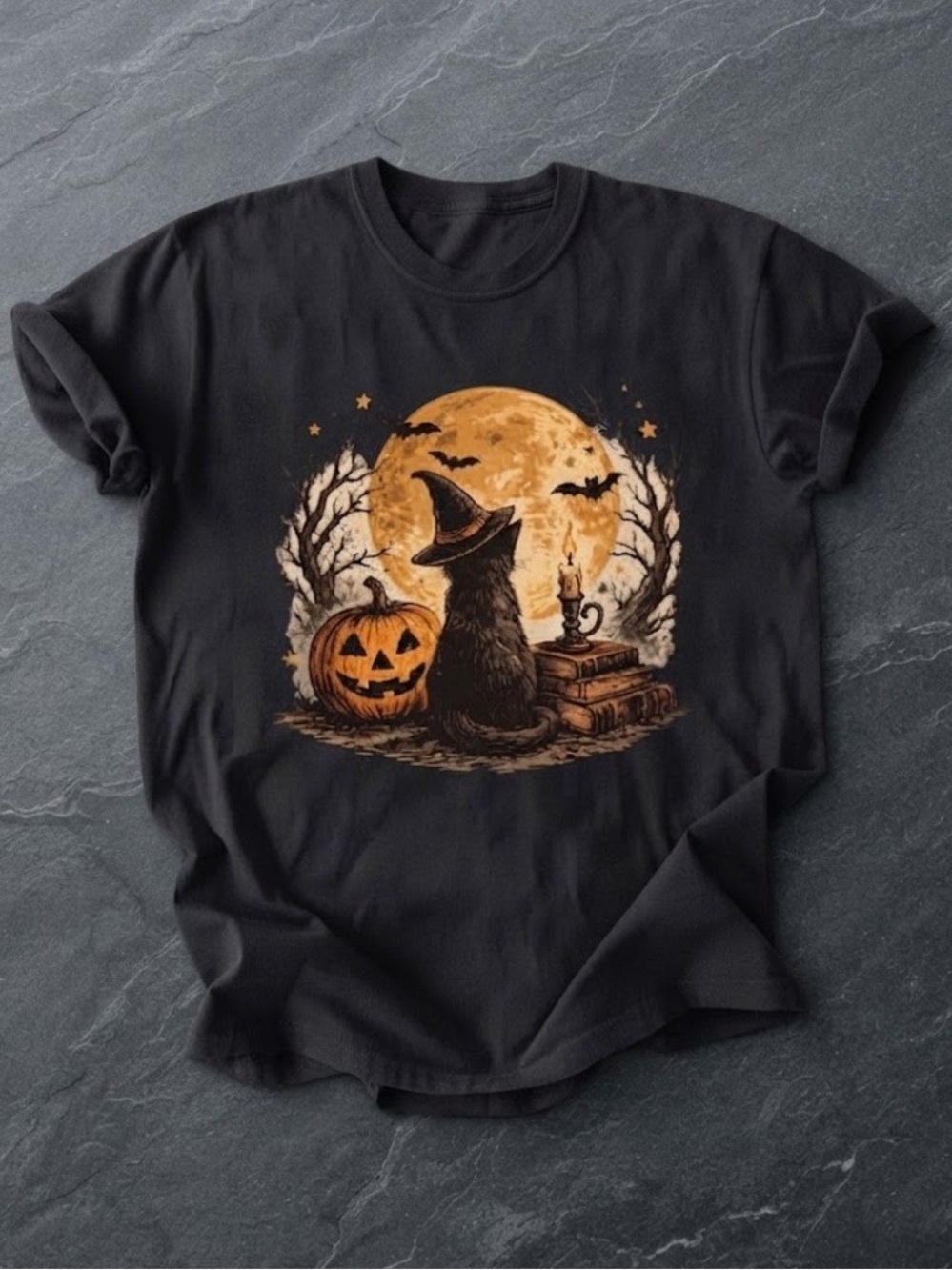 Spooky Black Cat Witch Pumpkin Moon Halloween Graphic Gildan T-Shirt